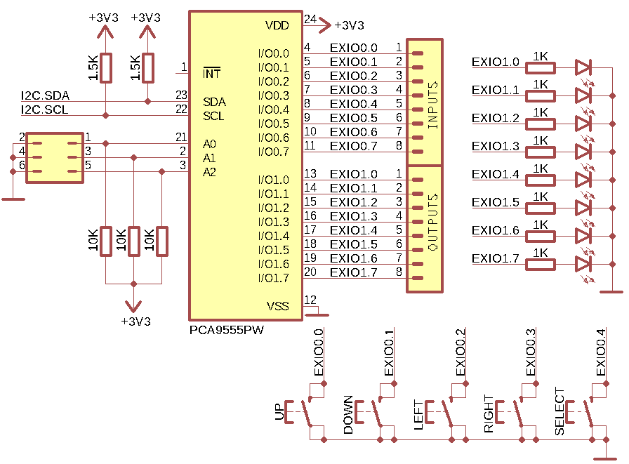 I2C, PCA9555, кнопки и светодиоды