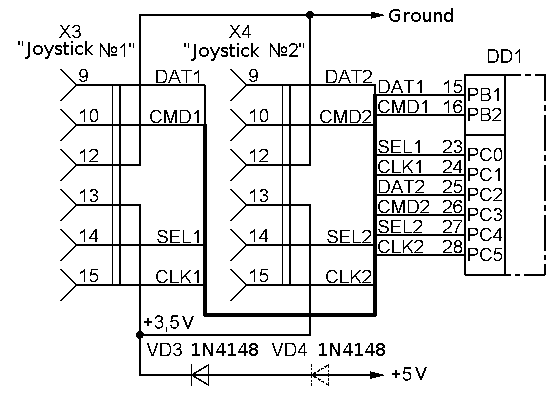 The Circut for connecting of Sony PlayStation-joysticks